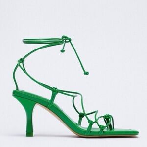 ZARA TIE STRAP HEELED SANDALS Faux Leather Strappy Ankle Lace Up US 7.5 EU 38‎